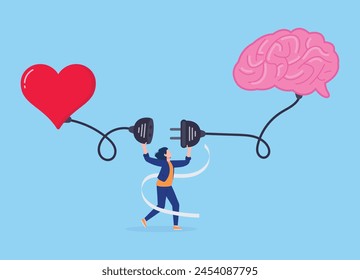 Conexión del corazón y el cerebro, control de la sensación y la emoción con el cerebro de pensamiento lógico, mujer conectar enchufe con corazón a la Ilustración vectorial de concepto del cerebro con diseño de estilo plano.