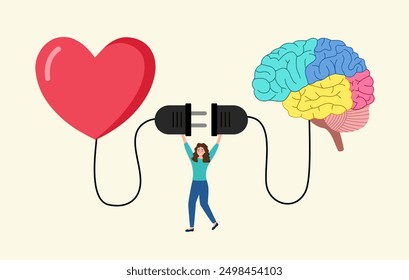 Heart and brain connection, control feeling and emotion with logical thinking brain, woman connect plug with heart to brain concept vector illustration in flat design.