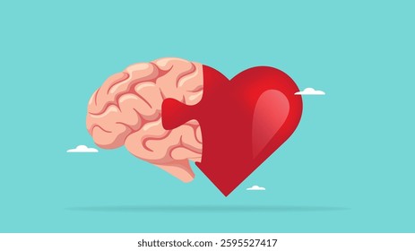 heart and brain connection, control feeling and emotion with logical thinking brain, align your heart and brain, heart and brain icon connected with puzzle scheme