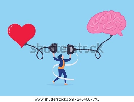 Heart and brain connection, control feeling and emotion with logical thinking brain, woman connect plug with heart to brain concept vector illustration with flat style design.