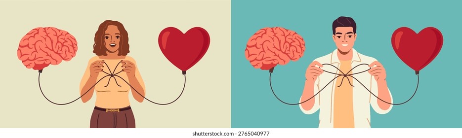 Heart and brain connection. Happy man and woman tie strings from their hearts and brains into bow. Controlling feeling and emotion with logical thinking. Flat hand drawn vector illustration collection