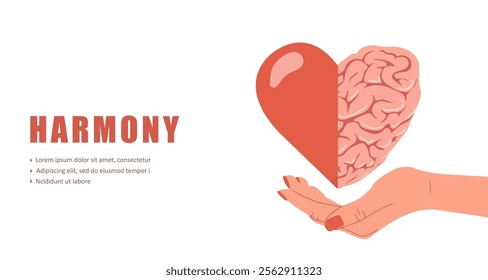 Heart and Brain connection. Harmony concept. Rational reasonable and emotional choice. Female hand holding heart with brain. Vector illustration in flat cartoon style.