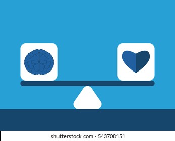 Heart and brain cubes on scales on blue background. Balance, emotion and intelligence concept. Flat design. EPS 8 vector illustration, no transparency