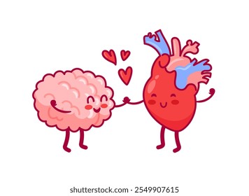 heart, brain cute kawaii characters. The concept of harmony of mind and feelings. Vector illustration in flat style for banner, poster, card.