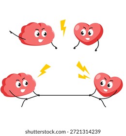 Corazón y lucha cerebral. gritando el uno al otro. conflicto de sentimientos y mente. Ilustración vectorial de dibujos animados aislada sobre fondo blanco