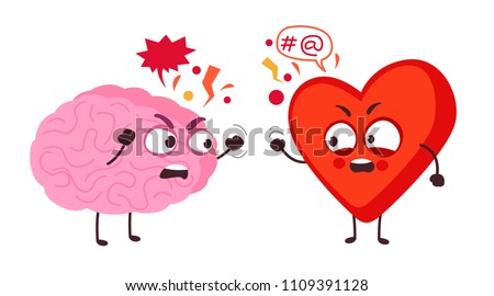 heart and brain fight. shouting at each other. conflict of feelings and mind. cartoon vector illustration isolated on white background.