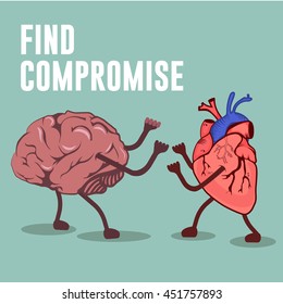 Heart and brain fighting vector flat creative concept illustration collection with lettering Find compromises, for covers and posters.