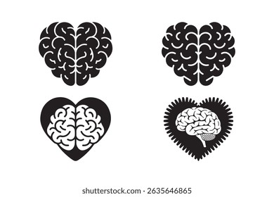 Coração Cérebro Ícones Vetor Definir Criativo Amor Mente Silhueta Clipart