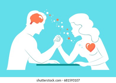 Heart or brain. Man and woman. Silhouette of Conflict between couple