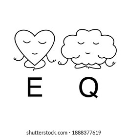 Heart and brain meditate. EQ emotional intelligence, balance of feelings and mind. Vector black and white illustration. Icons of calm, heart and brain. 