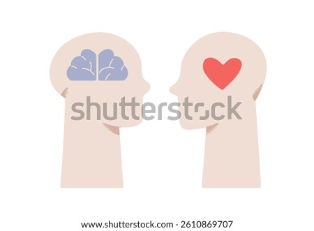 Heart and brain, mind and feeling balance, psychology concept. Emotional intelligence. Choosing between rational approach, logic and love passion. Flat vector illustration isolated on white background