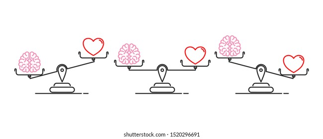 Heart and brain on a balance icon set. Flat style. Thin line. Isolated on white background. 