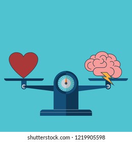 Heart and brain on scales. Balance, love, mind, intelligence, logic concept. Flat style. EPS10  vector illustration.