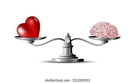 Heart and brain on scales conceptual balance. Emotional balance love and mind. Logic vs emotion. Vector illustration isolated on white background