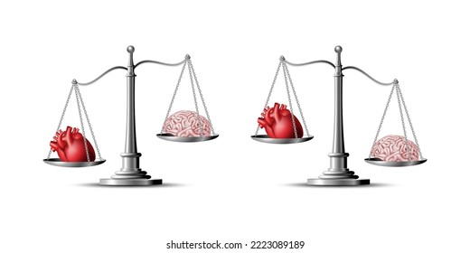 Heart and brain on scales conceptual balance. Emotional balance love and mind. Logic vs emotion. Vector illustration isolated on white background