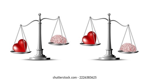 Corazón y cerebro a escalas de equilibrio conceptual. Equilibrio emocional amor y mente. Lógica vs emoción. Ilustración del vector aislada en fondo blanco