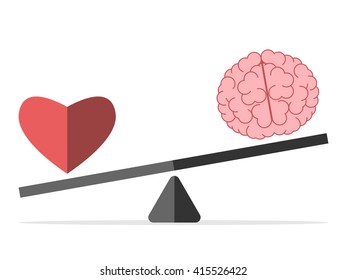 Heart and brain on scales isolated on white. Balance, love, mind, intelligence, logic, intelligent, emotion and choice concept. EPS 8 vector illustration, no transparency