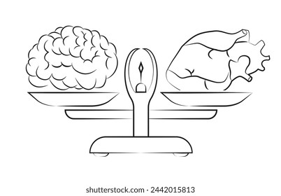 Heart and brain on the scales. Thin line. Balance, love and mind, intelligence. Flat style. EPS 10.