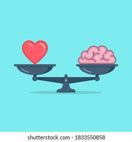 Heart and brain on scales vector conceptual illustration. Balance, love, mind, intelligence, logic concept illustration.