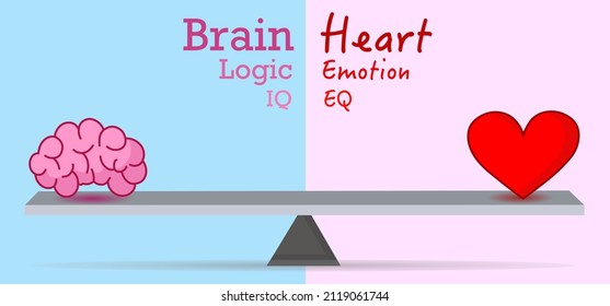 Heart brain on seesaw. Love versus logic or emotion. IQ vs EQ. 
Mind feeling intelligence leverage, lever. Head person. Mental romance thought balance. Blue red, pink background. Illustration vector