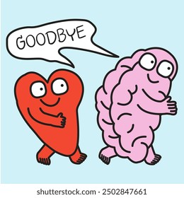 Heart And Brain Say Goodbye And Walk In The Same Way Concept Card Character illustration