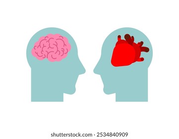 Heart and brain in two head. Mind or feelings concept.