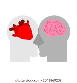 Heart and brain in two head. Mind or feelings concept.