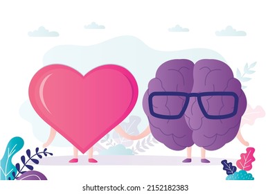 El corazón y el cerebro trabajan juntos. Equilibrio entre sentimientos, razón. С personajes artísticos tomados de la mano. Trabajo conjunto de intelecto y factor emocional. Armonía en relación con órganos. Ilustración del vector