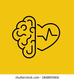 The heart and brain work together. Blackline design. Connection of mind and feelings. Abstract background. Vector illustration flat design. Isolated on yellow background.