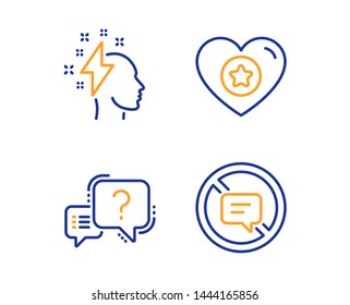 Los iconos de Heart, Brainstorming y Question mark son sencillos. Deja de hablar. Calificación de estrella, relámpago, chat de prueba. No hables. Conjunto de negocios. Icono de corazón lineal. Conjunto de diseño colorido. Vector