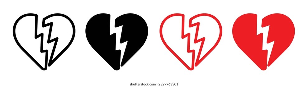 heart break icon set in black and red color. broken or cracked heart vector line symbol. divorce or separation heartbreak sign. simple breakup outline and fill symbol.