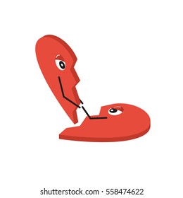 Heart break. Reconciliation concept. Abstract vector illustration isometric design. Half heart gives a helping hand. Isolated on white background.
