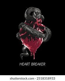 heart breaker slogan with black cobra wrapping human heart vector illustration on black background