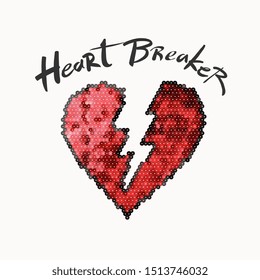 Heart Breaker Slogan With Red Heart Sequins Illustration