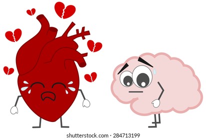 heart breaking versus thinking brain vector cartoon illustration