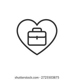 Corazón con maletín, icono lineal. Equilibrio entre la vida laboral y profesional. Línea con trazo editable.
