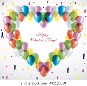 Heart of the bright, colorful, beautiful balloons. Postcard of congratulation to holiday on light background. Backdrop of colored balls. Happy Valentine's Day! Congratulations! Declaration of love