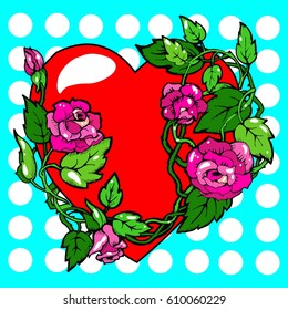 Heart of bright pinc roses, colorful, on a blue background with white circles, Heart Tattoo Style Illustration