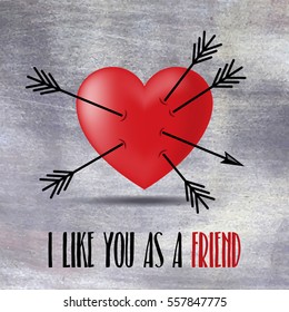 Heart and broken arrows in realistic style on metal texture background. I like you as a friend. Valentine's Day card, banner, poster, background design. 