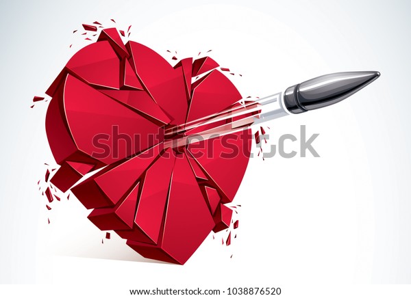 銃で撃たれた心臓が壊れ ハートの記号が破片に爆発する3dのリアルなベクターイラスト 愛を分裂し 別れるというクリエイティブなアイデア のベクター画像素材 ロイヤリティフリー