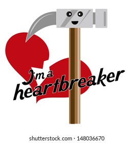 heart broken by a hammer, black text, white background.