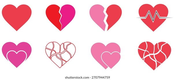 Heart and Broken heart colour vector icons set. Love, relation heart icons. Vector illustration.