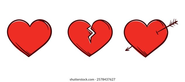 Heart, broken heart, heart with Cupid's arrow. Set of vector hand-drawn elements for banner, postcard, poster