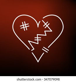 Heart broken icon. Heart break sign. Love abuse symbol. Thin line icon on red background. Vector illustration.