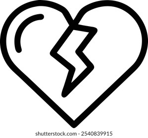 Heart broken, lightning bolt, simple line drawing, black and white icon, minimalist design, symbolic illustration, relationship symbol, emotional concept, vector graphic, clean lines, bold contrast, h