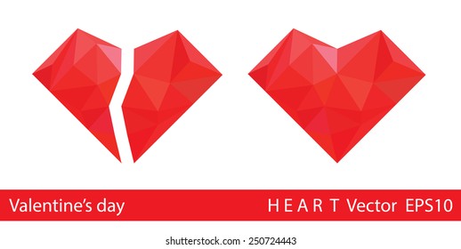 Heart and heart broken low poly love vector sign for Valentine's day. 