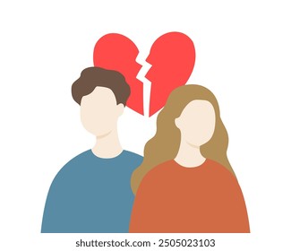 Heart broken man and woman couple. Relationship, dating, romance, conflict, argument  concepts. Flat people character vector design illustration isolated on white background with broken red heart.
