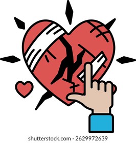 Un corazón con una pieza rota faltante, y una mano que apunta a ella