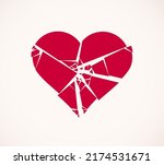 Heart broken to pieces like a glass vector logo or icon, broken heart concept, breakup or divorce, heartbreak regret, separated couple, tragic love.