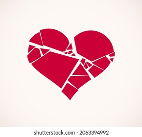 Heart broken to pieces like a glass vector logo or icon, broken heart concept, breakup or divorce, heartbreak regret, separated couple, tragic love.